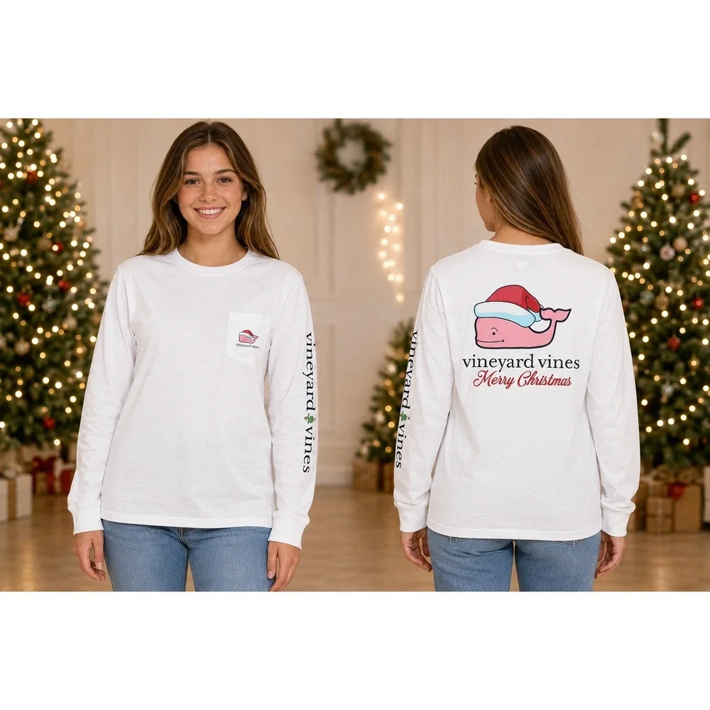Vineyard Vines Kids XL 18 White Long Sleeve Merry Christmas Santa Whale T-Shirt
